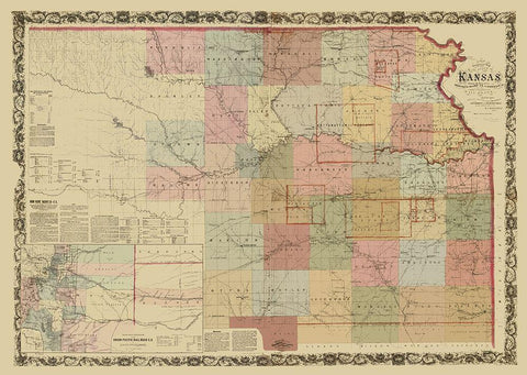 Kansas Projected Railroads - Keelerge 1867 Black Ornate Wood Framed Art Print with Double Matting by Keelerge