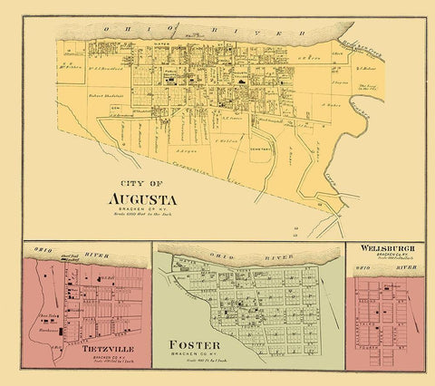 Augusta, Tietzville, Foster, Wellsburgh Kentucky Black Ornate Wood Framed Art Print with Double Matting by Hayes