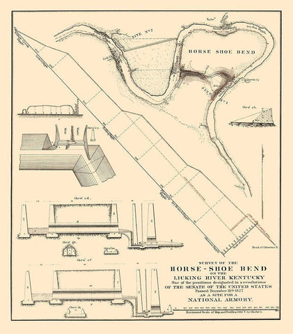 Horse Shoe Bend, Licking River Armory Kentucky Black Ornate Wood Framed Art Print with Double Matting by Gales