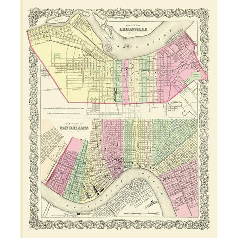 Louisville and New Orleans - Colton 1857 Gold Ornate Wood Framed Art Print with Double Matting by Colton