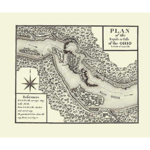 Ohio River Rapids, Fort Louisville - Bertrand 1796 Black Modern Wood Framed Art Print with Double Matting by Bertrand