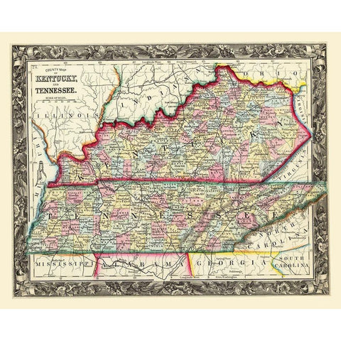 Kentucky, Tennessee Counties - Mitchell 1860 Gold Ornate Wood Framed Art Print with Double Matting by Mitchell