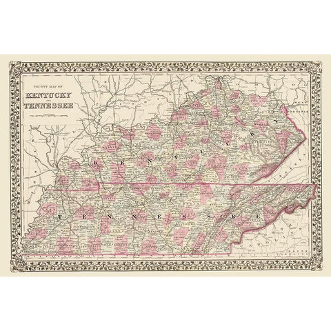 Kentucky, Tennessee Counties - Mitchell 1879 Gold Ornate Wood Framed Art Print with Double Matting by Mitchell