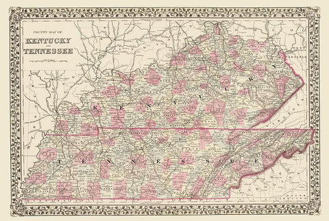 Kentucky, Tennessee Counties - Mitchell 1879 White Modern Wood Framed Art Print with Double Matting by Mitchell