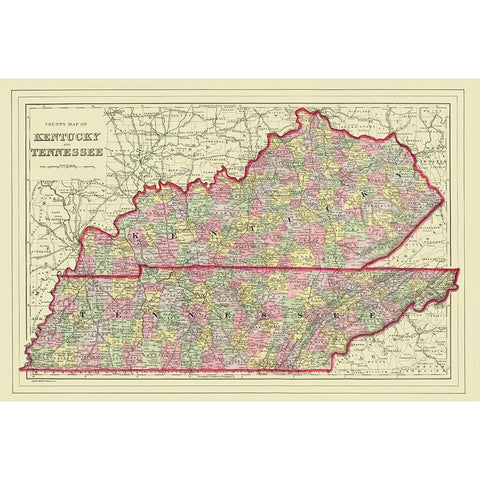 Kentucky, Tennessee Counties - Mitchell 1879 White Modern Wood Framed Art Print by Mitchell