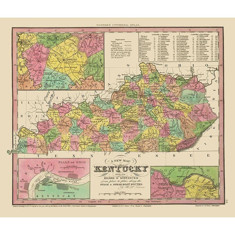 Kentucky, Tennessee Counties - Tanner 1833 Black Modern Wood Framed Art Print by Tanner