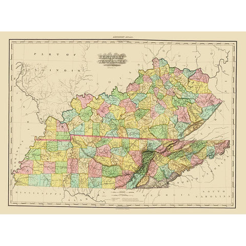 Kentucky, Tennessee Counties - Tanner 1825 White Modern Wood Framed Art Print by Tanner