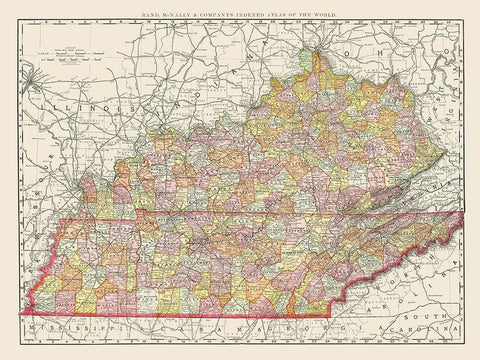 Kentucky, Tennessee Counties - Rand McNally 1897 Black Ornate Wood Framed Art Print with Double Matting by Rand McNally