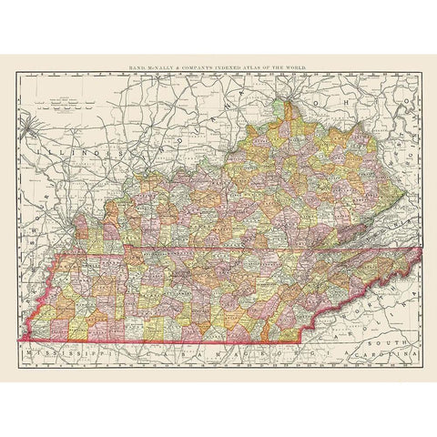Kentucky, Tennessee Counties - Rand McNally 1897 Black Modern Wood Framed Art Print by Rand McNally