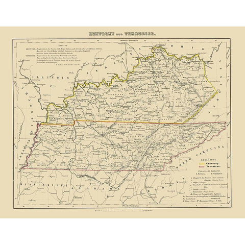 Kentucky, Tennessee - Westermann 1854 Black Modern Wood Framed Art Print with Double Matting by Westermann