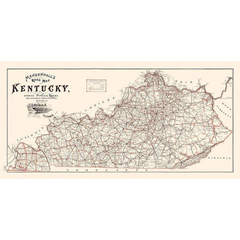 Kentucky Road Map - Mendenhall 1900  White Modern Wood Framed Art Print by Mendenhall