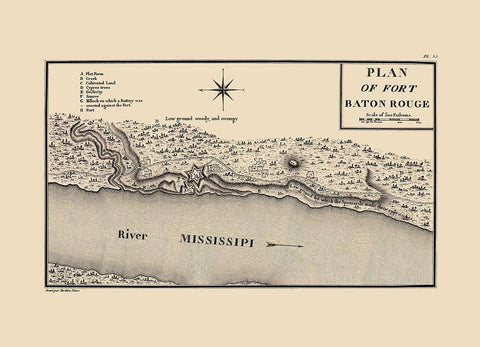 Fort Baton Rouge Louisiana - Collot 1796 Black Ornate Wood Framed Art Print with Double Matting by Collot