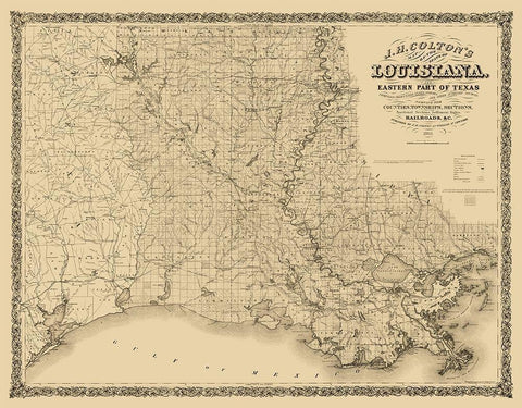 Louisiana Railroads - Colton 1863  Black Ornate Wood Framed Art Print with Double Matting by Colton