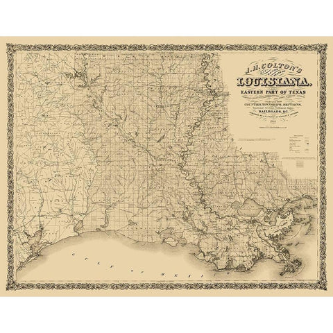 Louisiana Railroads - Colton 1863  Black Modern Wood Framed Art Print with Double Matting by Colton