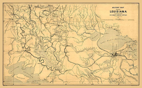 Louisiana Miltary Map - Bache 1863  Black Ornate Wood Framed Art Print with Double Matting by Bache