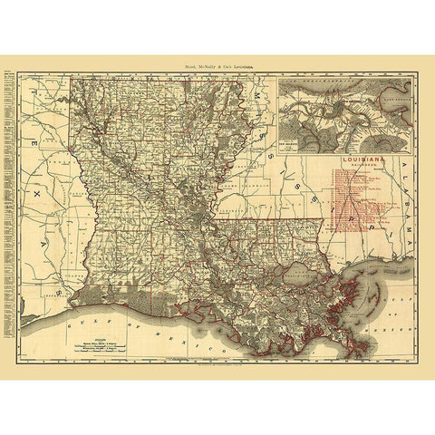 Louisiana Railroads - Rand McNally 1896  Gold Ornate Wood Framed Art Print with Double Matting by Rand McNally