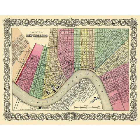 New Orleans Louisiana - Colton 1855 Gold Ornate Wood Framed Art Print with Double Matting by Colton