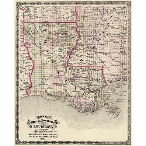 Louisiana Railroad and Townships - Cram 1875 Gold Ornate Wood Framed Art Print with Double Matting by Cram