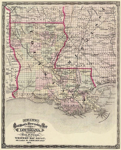 Louisiana Railroad and Townships - Cram 1875 White Modern Wood Framed Art Print with Double Matting by Cram