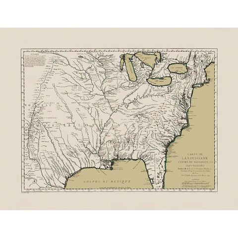 Louisiana and Neighboring Countries - Bellin 1744 Gold Ornate Wood Framed Art Print with Double Matting by Bellin