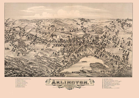 Arlington Massachusetts - Bailey 1884  Black Ornate Wood Framed Art Print with Double Matting by Bailey