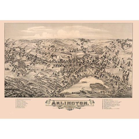 Arlington Massachusetts - Bailey 1884  White Modern Wood Framed Art Print by Bailey