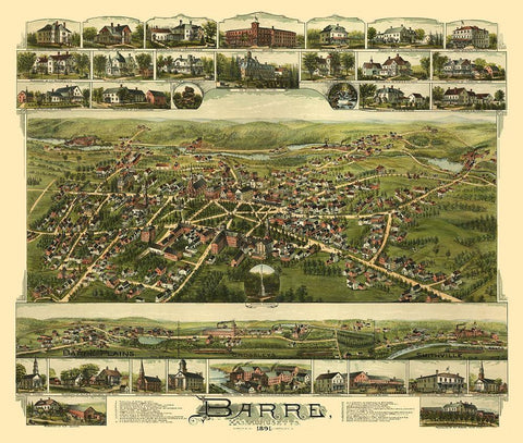 Barre Massachusetts - Bailey 1891  Black Ornate Wood Framed Art Print with Double Matting by Bailey