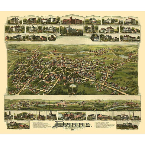 Barre Massachusetts - Bailey 1891  Black Modern Wood Framed Art Print with Double Matting by Bailey