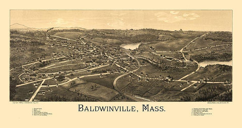 Baldwinville Massachusetts - Burleigh 1886  Black Ornate Wood Framed Art Print with Double Matting by Burleigh