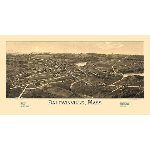 Baldwinville Massachusetts - Burleigh 1886  Gold Ornate Wood Framed Art Print with Double Matting by Burleigh