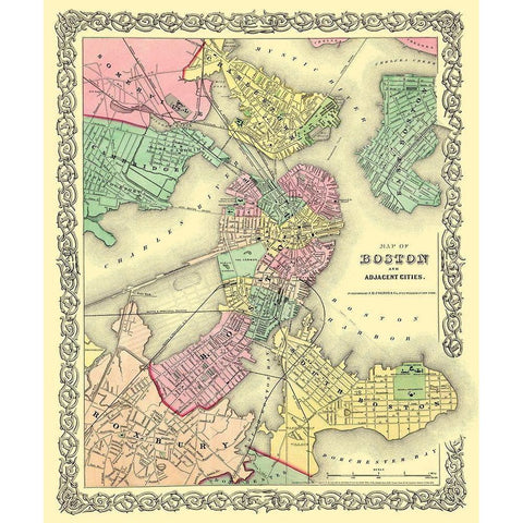 Boston , Adjacent Area Massachusetts - Colton 1855 Gold Ornate Wood Framed Art Print with Double Matting by Colton