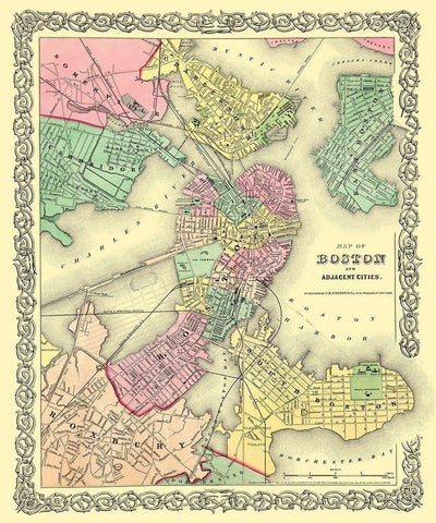 Boston , Adjacent Area Massachusetts - Colton 1855 Black Ornate Wood Framed Art Print with Double Matting by Colton