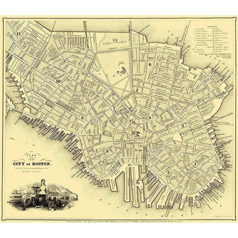 Boston Massachusetts - Dickinson 1844 Gold Ornate Wood Framed Art Print with Double Matting by Dickinson