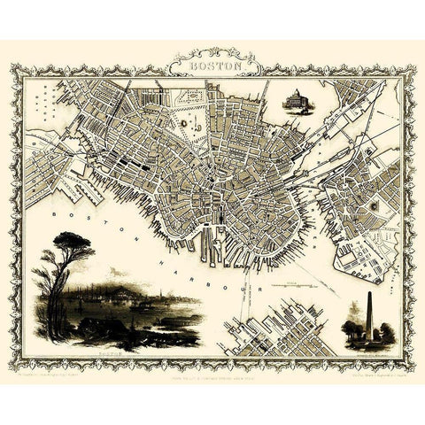 Boston Massachusetts - Tallis 1838 Black Modern Wood Framed Art Print with Double Matting by Tallis