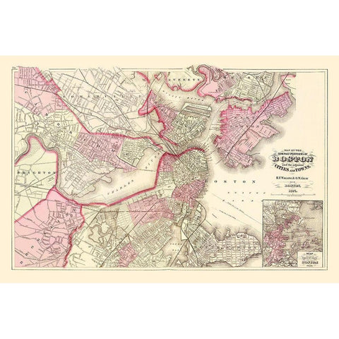 Boston Massachusetts - Walling 1871 Gold Ornate Wood Framed Art Print with Double Matting by Walling