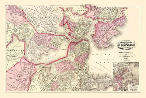 Boston Massachusetts - Walling 1871 Black Ornate Wood Framed Art Print with Double Matting by Walling