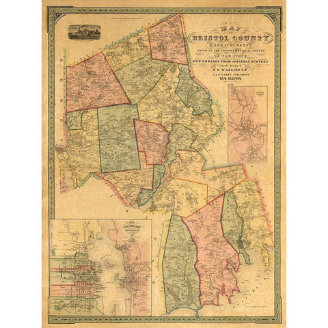 Bristol County Massachusetts - Walling 1852 White Modern Wood Framed Art Print by Walling