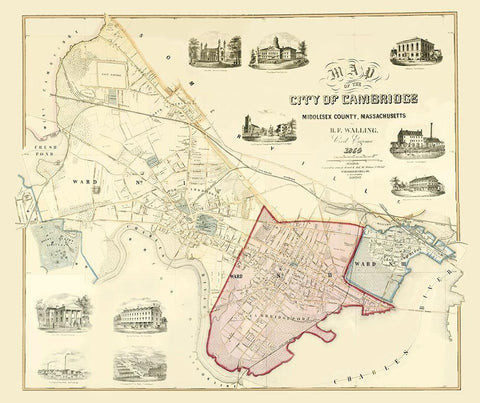 Cambridge Massachusetts - Friend 1854 Black Ornate Wood Framed Art Print with Double Matting by Friend