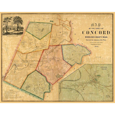 Concord Massachusetts - Walling 1852  Gold Ornate Wood Framed Art Print with Double Matting by Walling