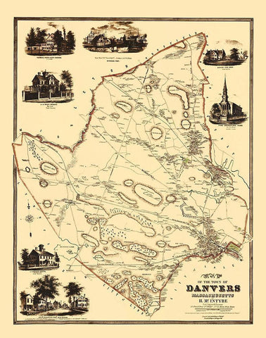 Danvers Massachusetts Landowner - Friend 1852 Black Ornate Wood Framed Art Print with Double Matting by Friend