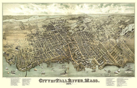Fall River Massachusetts - Bailey 1877 Black Ornate Wood Framed Art Print with Double Matting by Bailey