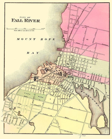 Fall River Massachusetts - Walling 1871 Black Ornate Wood Framed Art Print with Double Matting by Walling