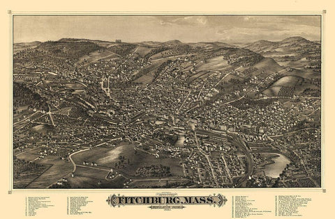 Fitchburg Massachusetts - Burleigh 1882  Black Ornate Wood Framed Art Print with Double Matting by Burleigh