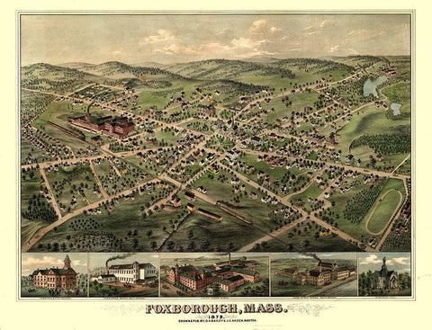 Foxborough Massachusetts - Bailey 1879  Black Ornate Wood Framed Art Print with Double Matting by Bailey