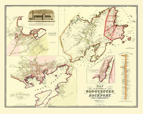 Gloucester, Rockport Massachusetts - Walling 1851 Black Ornate Wood Framed Art Print with Double Matting by Walling