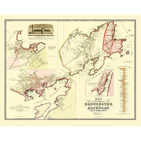 Gloucester, Rockport Massachusetts - Walling 1851 Black Modern Wood Framed Art Print by Walling