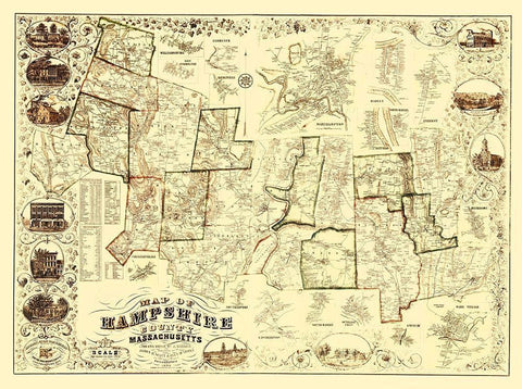 Hampshire Massachusetts - Barker 1854 Black Ornate Wood Framed Art Print with Double Matting by Barker