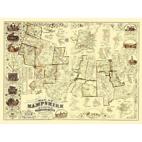 Hampshire Massachusetts - Barker 1854 Black Modern Wood Framed Art Print by Barker