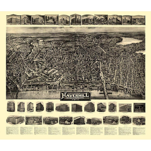 Haverhill Massachusetts - Bailey 1914  Gold Ornate Wood Framed Art Print with Double Matting by Bailey