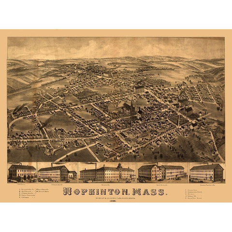 Hopkinton Massachusetts - Bailey 1880  White Modern Wood Framed Art Print by Bailey